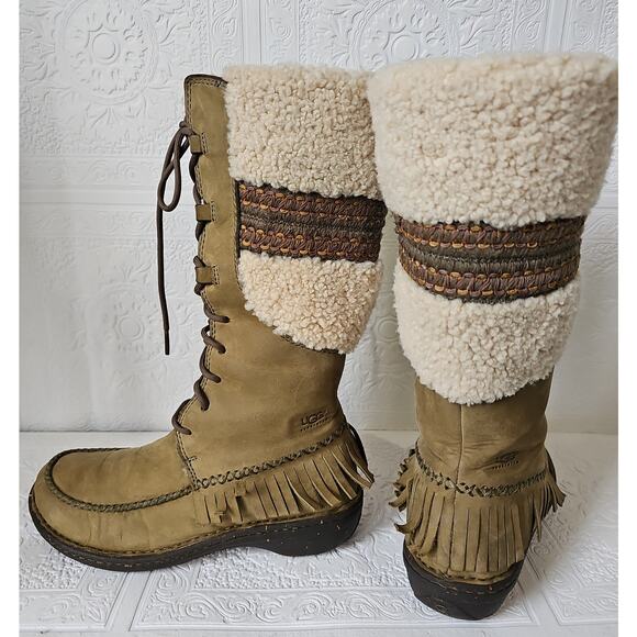 UGG Shoreline Shearling Sheepskin Leather Fringe Tall Boots Womens 7 Olive Green - Picture 3 of 15